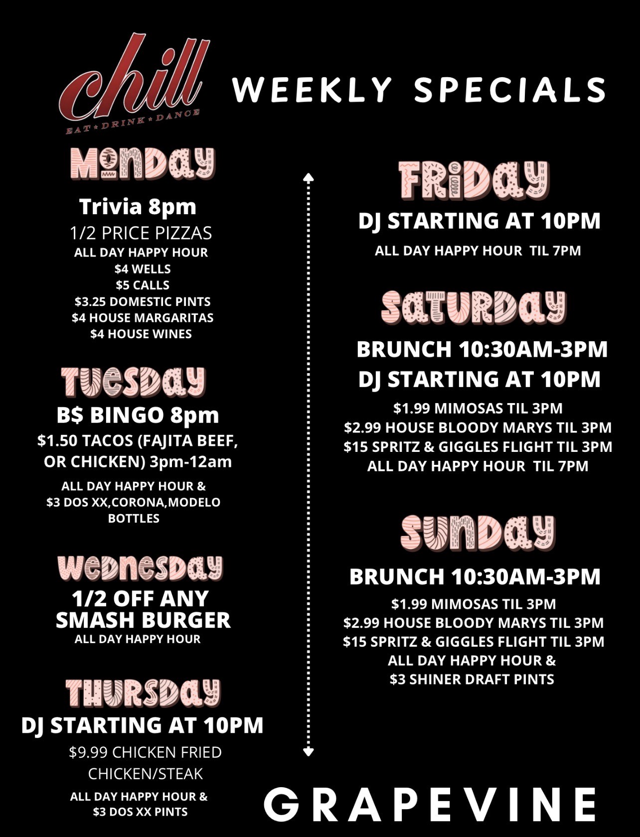 Chill Grapevine weekly specials